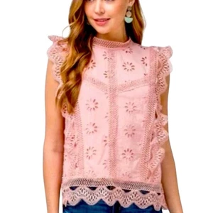 Top Coqueta Romántica Ojales Entro Rosa Crochet Encaje Talla Mediana - Imagen 1 de 15