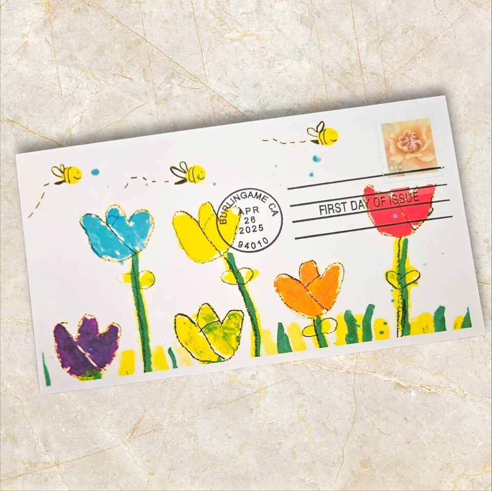 2025 First Day Cover / Dahlias FDC / Printed cachet artwork by a 6 year old!  - Image 1 of 2