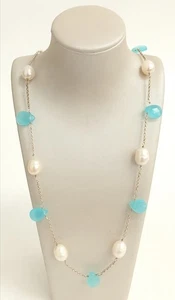 925 Sterling Silver Faceted Blue Chalcedony & Freshwater Pearl Necklace 14.63g - Picture 1 of 8