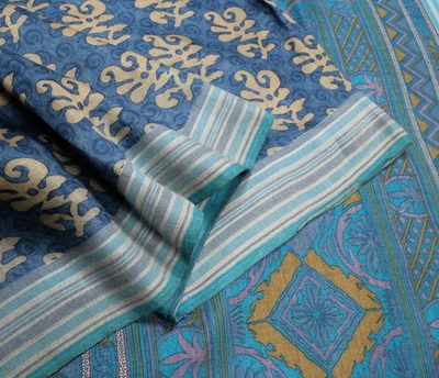 Tela de sari Sushila vintage tono azul lana pura tejida e impresa 6 yardas Foto 1 de 4