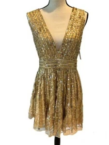 Mac Duggal Beige Gold Plunge A-Line Sequin Beaded Cocktail Minidress Size 8 $398 - Picture 1 of 3