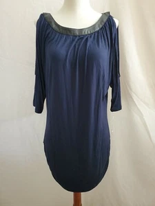 NWT $59 INC MACYS Cold Shoulder Top Tunic Navy Blue Faux Leather Collar Large L - Picture 1 of 7