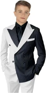 Striped Color Block Boy Suits Double Breasted Casual Kids Tuxedo Blazer and Pant - Picture 1 of 41