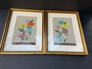 VINTAGE NEEDLE POINT FRAMED WHIMSICAL FLORAL WALL ART PAIR - Picture 1 of 4