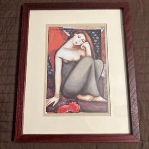 BENEDICTION by SUSAN KRIEG - STYLIZED WOMAN LADY GIRL SITTING Wood Frame Signed - Picture 1 of 15