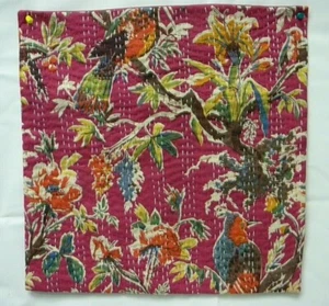 CU155 MAGENTA KANTHA PILLOW COVER IMPORTED INDIA 15.5 X 15.5 BIRD PATTERN - Picture 1 of 2