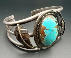 Pulsera Navajo Kingman Turquesa y Plata Vintage, Hermosa Piedra Grande - Imagen 1 de 10