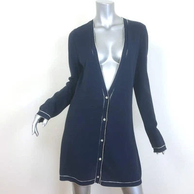 Chanel Cruise 2014 Piped V-Neck Long Cardigan Navy Cotton Pique Size 38 - Image 1 of 4