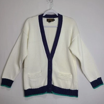 Vintage 90s Eddie Bauer Womens Md Heavy Cable Knit Ivory Cardigan Nautical - Image 1 of 4