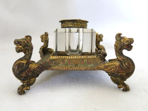 ART NOUVEAU ANTIQUE BRONZE ENAMEL GRIFFIN DRAGON INKSTAND CRYSTAL INKWELL - Picture 1 of 13