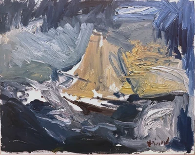 Pintura al óleo abstracta de paisaje marino sobre lienzo cubismo náutico 16x20 original firmada Foto 1 de 3