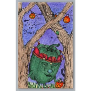Flying Rabbit Handcolored Postcard Halloween Veggie People Trick or Treat Pepper - Picture 1 of 2