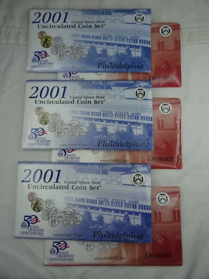 (3) 2001 P & D US Mint Uncirculated Sets 54 Coins OGP Original Envelopes BU - Image 1 of 4