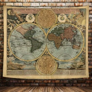 Vintage World Map Extra Large Tapestry Wall Hanging Medieval Globe Fabric Decor - Picture 1 of 8