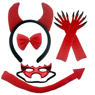 5Pcs Devil Costume Horn Headband Tail Bow Gloves Mask,Little Demon Outfit - Image 1 of 4