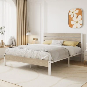 Vecelo Twin Full Queen Size Bed Frame with Wooden Headboard Metal Platform White - Picture 1 of 32