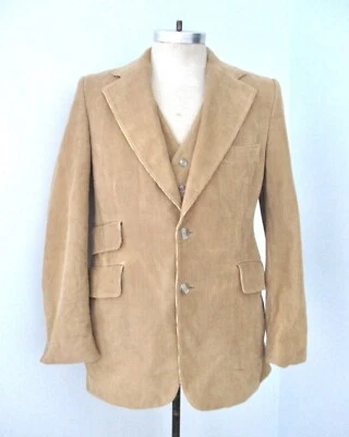 Винтажный 70-х верблюд коричневый шнур вельвет 2-Pc диско сутенер костюм Blazer жилет без брюки 40R - Изображение 1 из 4