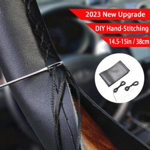Car Auto DIY Black Genuine Leather Steering Wheel Cover Wrap Sew-on Kit 14.5-15" - Picture 1 of 12