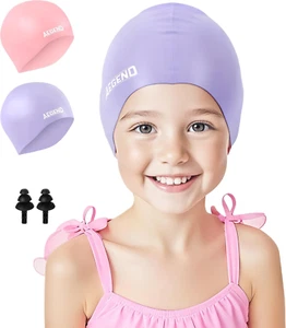 2 Pack Kids Swim Cap for Girls Boys Age 3-15, Waterproof Durable Silicone Swimmi - Picture 1 of 7