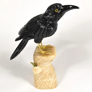 8.9" Black Onyx Raven on Caramel Onyx Base Collectible Crow Bird Figurine - Peru - Picture 1 of 4