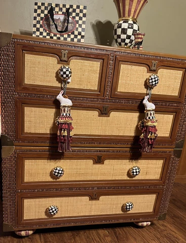 Mackenzie Childs Campaign Captains Chest - Wicker /Leather / Brass Furniture HTF Cover