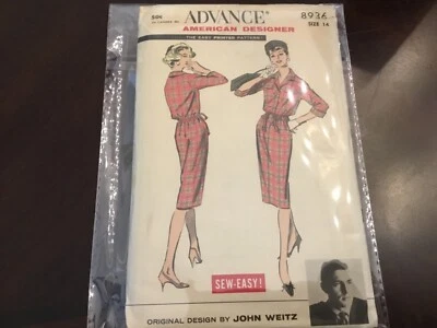 🌷1959 ADVANCE #8936 - DESIGNER “JOHN WEITZ” - LADIES SHIRT DRESS PATTERN 14 FF - Image 1 of 2