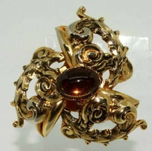Large Ornate Gold tone Floral Swirls Amber brown cabochon center Pin Brooch - Picture 1 of 8