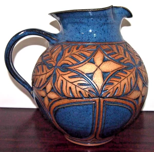 Susan Brown Freeman Lg. 4.5-Quart Wheel-Thrown Hand-Carved Stoneware 10" Pitcher - Picture 1 of 8