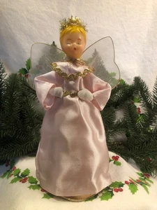 Vintage Christmas~ Angel Figurine~ Vinyl Face & Pink Satin Dress W/ Tulle Wings - Picture 1 of 11