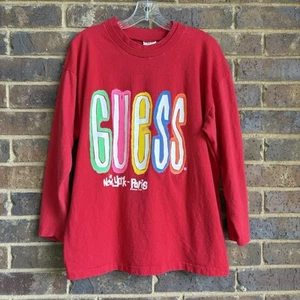 Vtg Red 80s Guess Jeans Long Sleeve T Shirt Made in USA One SZ Georges Marciano - Picture 1 of 6