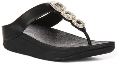 Fitflop Fino Cristal Cadena de Dedo Cuero Sandalias Mujer en Negro Ru 3-8 - Imagen 1 de 4