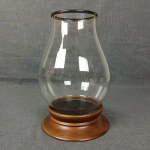 Large Pottery Barn Candle Holder Glass Hurricane Chimney Wood Base - Picture 1 of 8