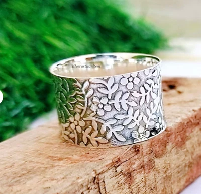 Flower Band Ring,925 Sterling Silver Wide Band Open Ring, Wide Band  All Size - Image 1 of 4