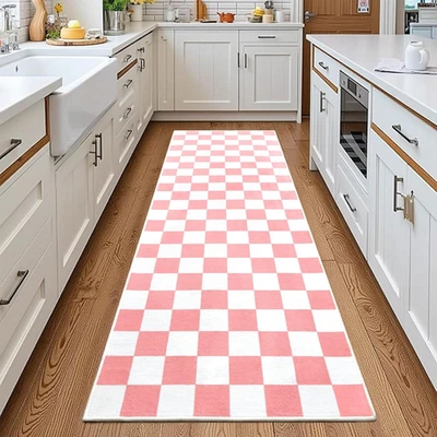 Alfombra Rosa Blanca A Cuadros 2x6 Corredor Antideslizante Lavable Cocina Dormitorio Alfombra Foto 1 de 4