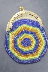 Antike Vintage Perlen Geldbörse Beutel Handtasche blau gelb orange grün - Bild 1 von 2