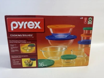 Pyrex 16 Pc Cooking Solved 4 Glass Mixing & 4 Storage Bowls + Colored Lids NEW - Image 1 of 4