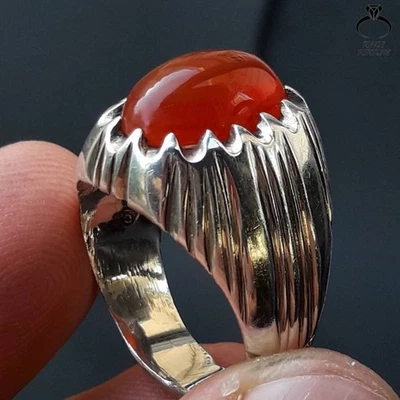 Elegant Red Yemeni Agate Ring 925 Sterling Silver Handmade Aqeeq Jewelry - Image 1 of 3