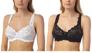 Ladies Non Padded Lace Bra Underwired Stretchy Floral Bra Soft Cup Black & White - Picture 1 of 25