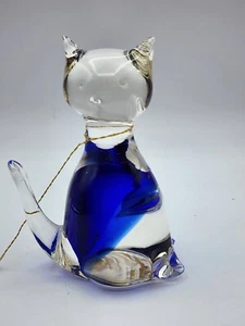 Blown Glass Clear/Blue Cat Paperweight Hand Blown Glass 4.5” - Picture 1 of 7