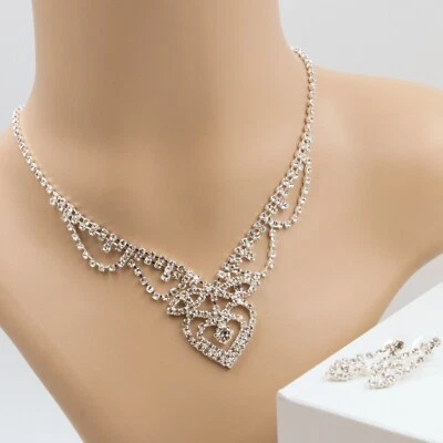 Set Gioielli Collier Orecchini Cristalli Strass Sposa Collana Argento Cuore 43 - Immagine 1 di 3