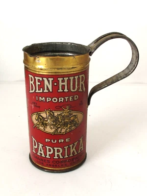 Antique Round 4oz Ben-Hur Paprika Spice Tin with Applied Make Do Handle - Image 1 of 4