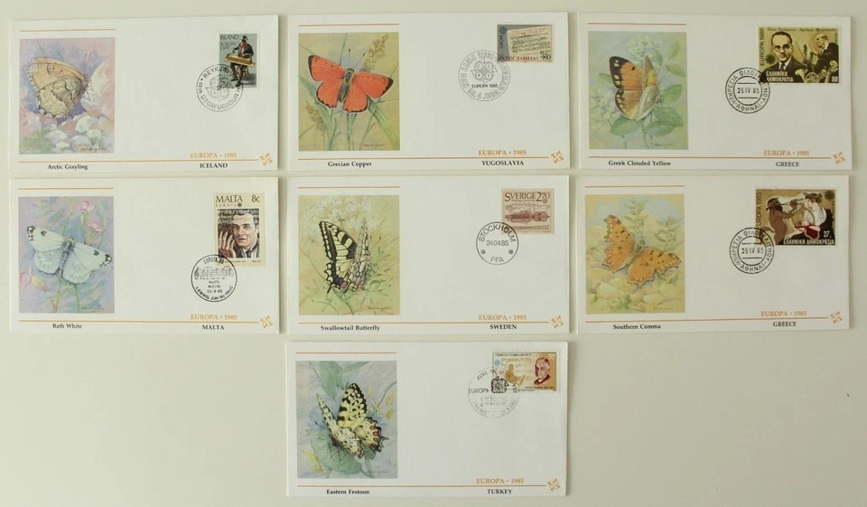 Europa 1985  Iceland Malta Greece Sweden Turkey Yugoslavia  Butterfly  Cover x 7 - Image 1 of 1