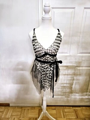 НОВЫЙ винтажный черно-белый клетчатый клетчатый прозрачный шелковый сетчатый топ Y2K ROZAE NICHOLS S - Изображение 1 из 4