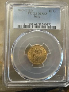Auction - mega rare 1863 T BN 10 lira gold coin PCGS MS 63 italy - Picture 1 of 5