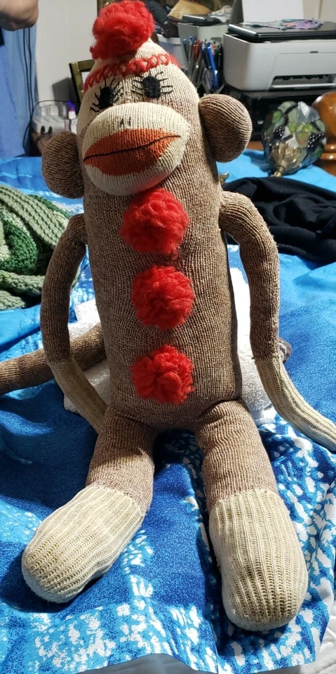 Vintage 1950s Hand Made sock monkey doll, 22" Red Pom Pom Hat & Long Eyelashes - Image 1 of 4