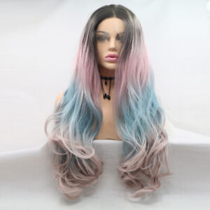 24" Great Quality Lace Front Wig Ombre big Wavy Wear brown blue pink colours AD