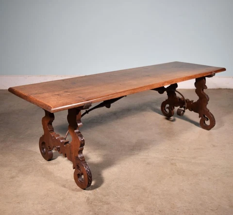 *Antique Solid Walnut Spanish Renaissance Revival Coffee Table w/Iron Stretchers Cover