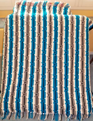 HANDMADE CROCHET AFGHAN THROW BLANKET FRINGED STRIPE BLACK WHITE GRAY TEAL 48X54 - Image 1 of 4