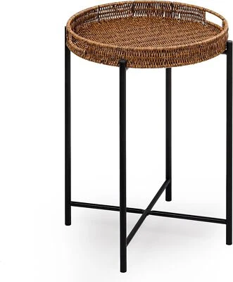 Mesa auxiliar redonda pequeña de mimbre, mesas de ratán con bandeja extraíble, marrón  Foto 1 de 4