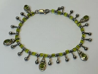 Faceted Peridot In Silver With Glass Beads Ankle Bracelet Silver Lobster Clasp  - Image 1 of 4